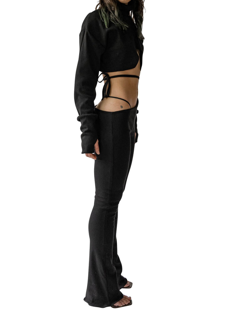 asymmetrical waist black rib knit elia pants with a waist tie 