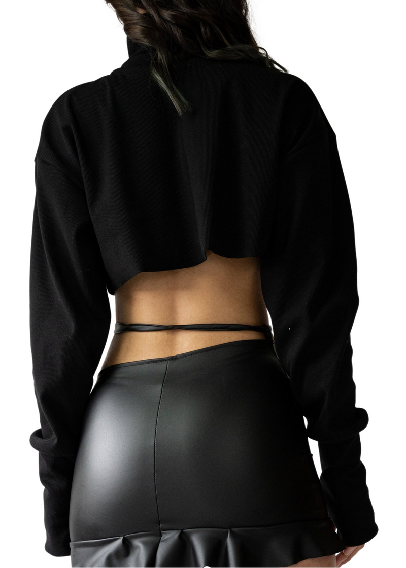 black rib knit cropped yves turtleneck with thumb holes comfy
